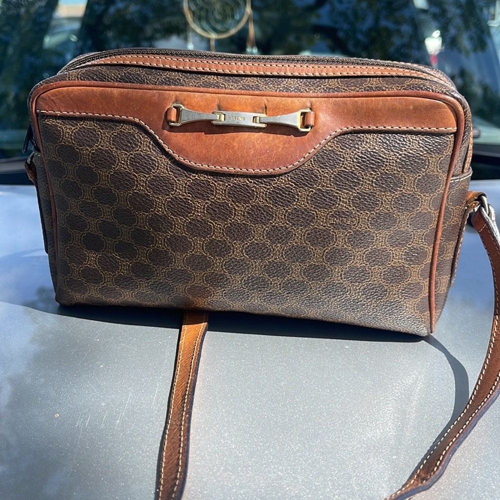 CELINEVintage Triomphe  Shoulder Bag Leather Brown Tan  Pattern Macadam